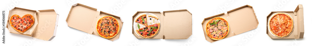 Set of boxes with tasty pizzas isolated on white, top view