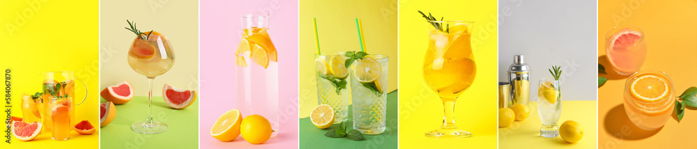 Collage with different fresh citrus drinks