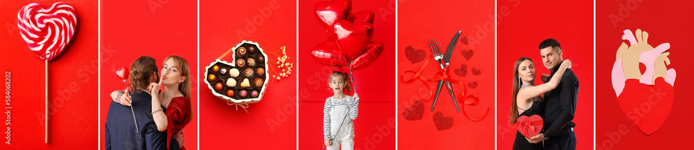 Romantic collage of different photos on red background. Valentines Day celebration