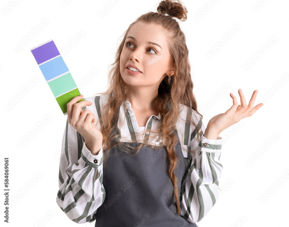 Female artist with paint color palette on white background