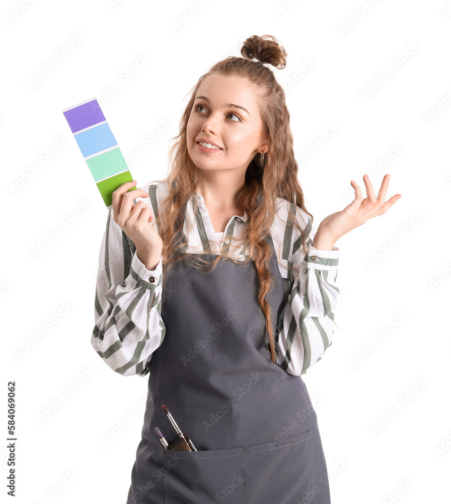 Female artist with paint color palette on white background