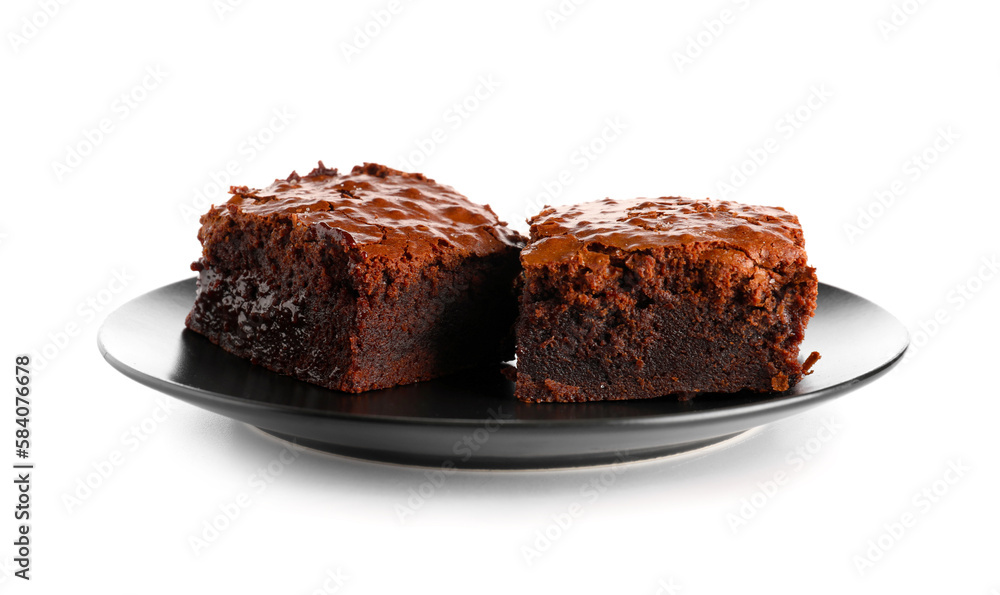 Plate with pieces of tasty chocolate brownie isolated on white background