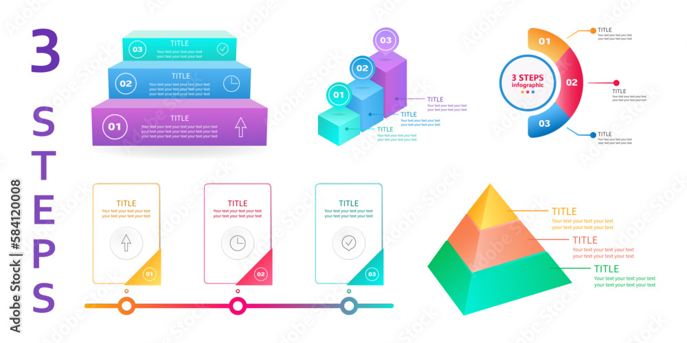 Business infographics set. 3 steps. 3 D. Vector illustration.