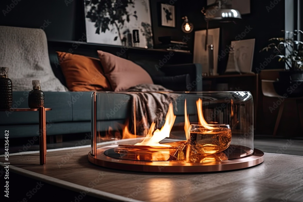 Portable glass and copper fireplace burning bio ethanol gas on living room brown natural oak table, 