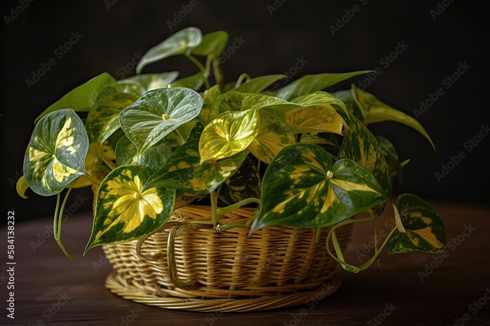 Exotic Epipremnum Golden Manjula Pothos HousePlant in the basket flower pot on table. Generative AI