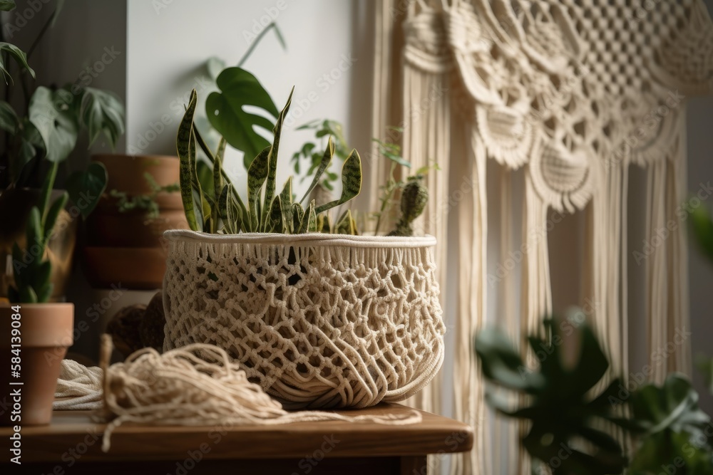 Interior macrame decoration on white backdrop, closeup. Generative AI