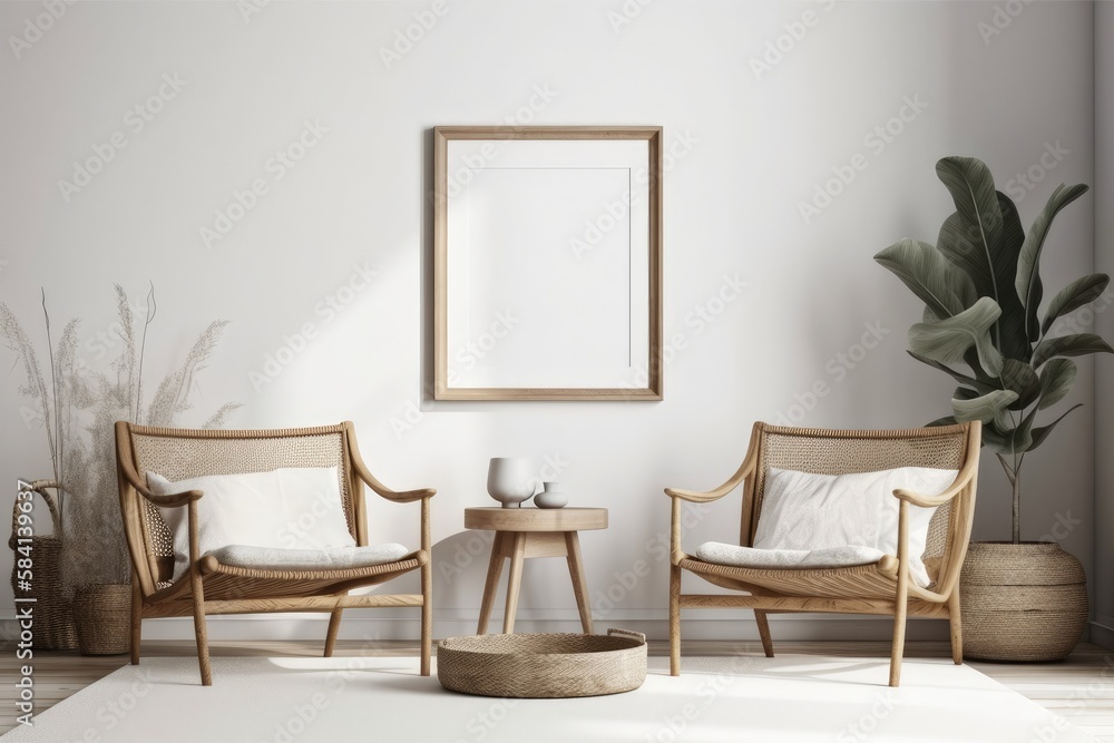 Mockup Coastal White Wall, Modern Coastal White Wall Picture with Oak Wood Coastal Frame and Chairs,