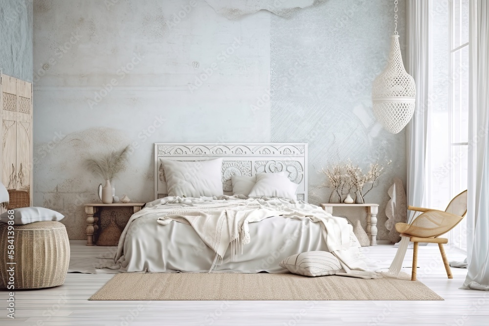 Beach bohemian bedroom background, wall mockup,. Generative AI