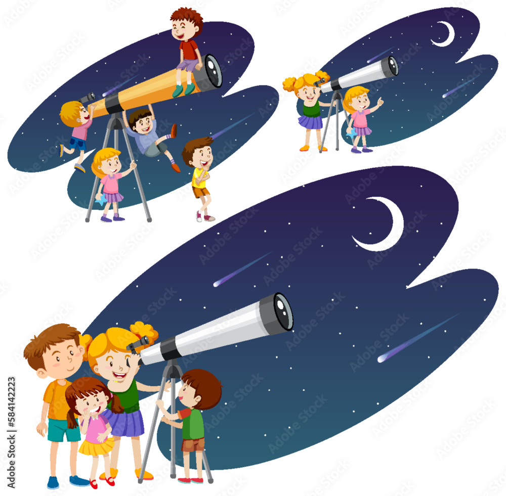 Playful Children Using Telescopes Vector Collection