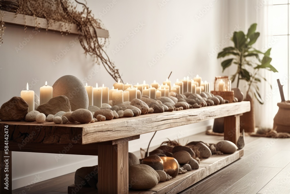 Wooden antique tabletop or shelf with candles and stones, zen feeling, over bohemian living room wit