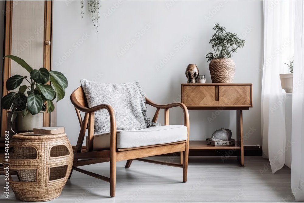 Traditional living room. Art deco style white textiled armchair in apartment with home décor on side