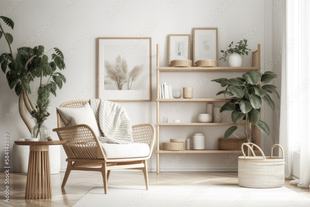 White mock up frame, wooden shelf, vintage chair, books, flowers in white vase, rattan basket, and s