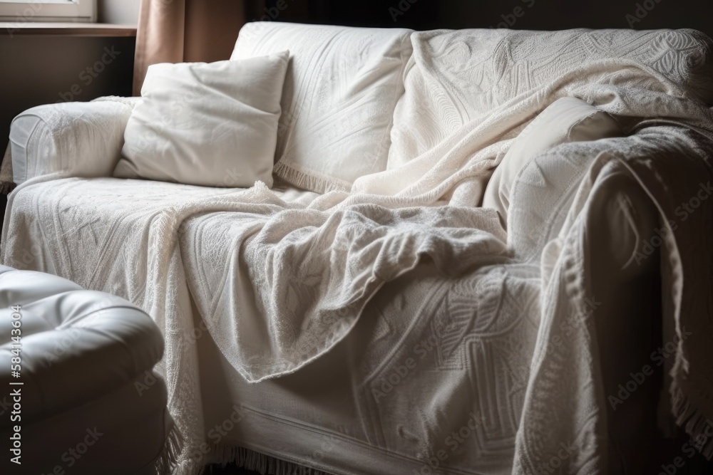 Dry cleaning ideas. White couch with ornate covers. Sofa bed pillows in cozy bedroom or living room.