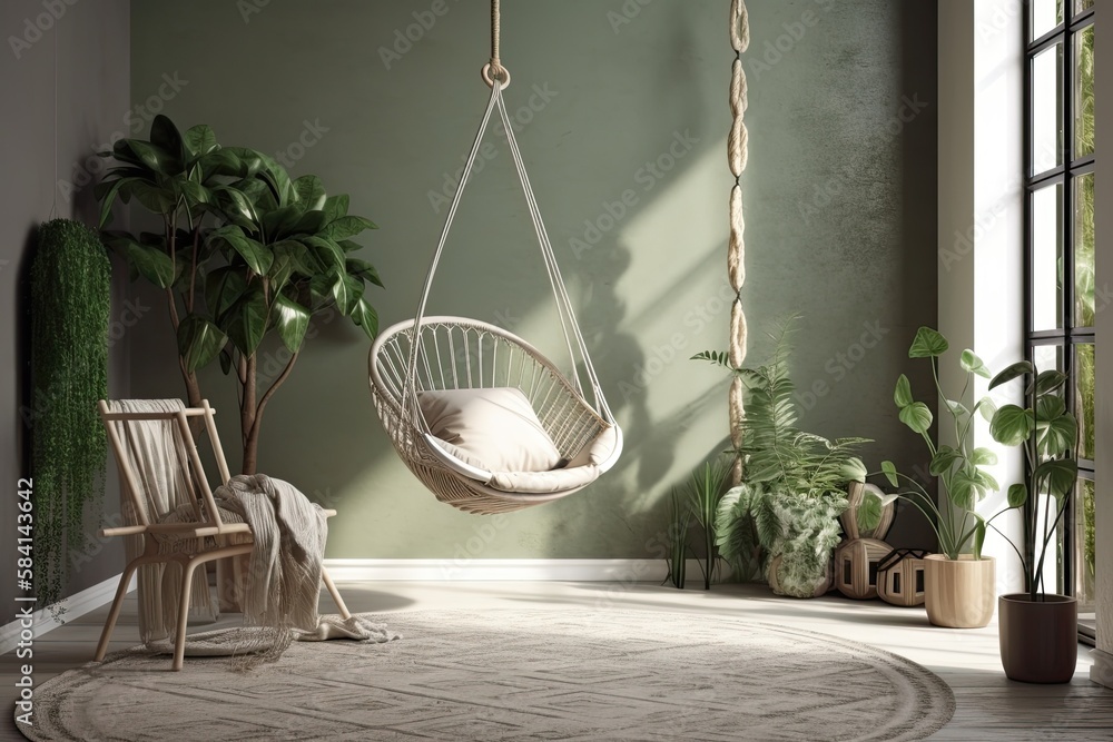 Green wall, hanging chair, plant, wicker pot, and rug. Generative AI