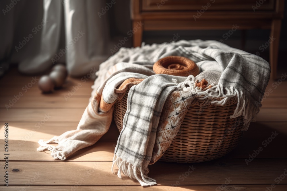 Wicker basket with plaid and cloth on hardwood floor from above. Vertical image of contemporary apar