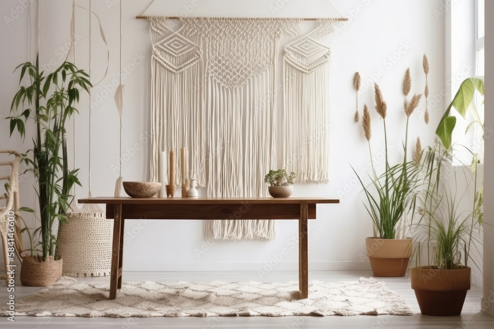 A white wall with a macrame wall panel and beige reed. A minimalist, sleek, trendy idea with a gorge