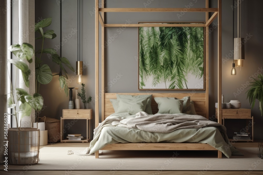 Modern bedroom with imitation poster frame, bamboo bed, night table, plants, folding screen, and ima