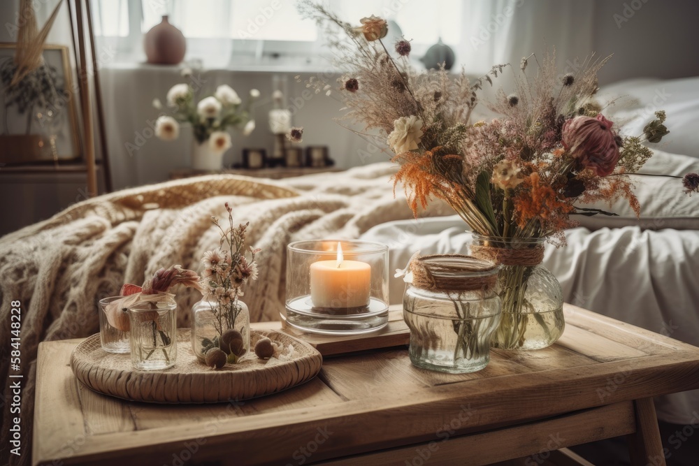 Boho style living room table with glass glasses and fluffy flowers in a vase. Generative AI