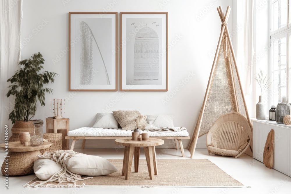 Scandi Boho mockup frame in white room with natural wooden furnishings. Generative AI