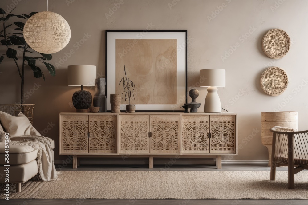 Modern beige living room with sculptures, structural painting, beige wooden sideboard, and boho insp