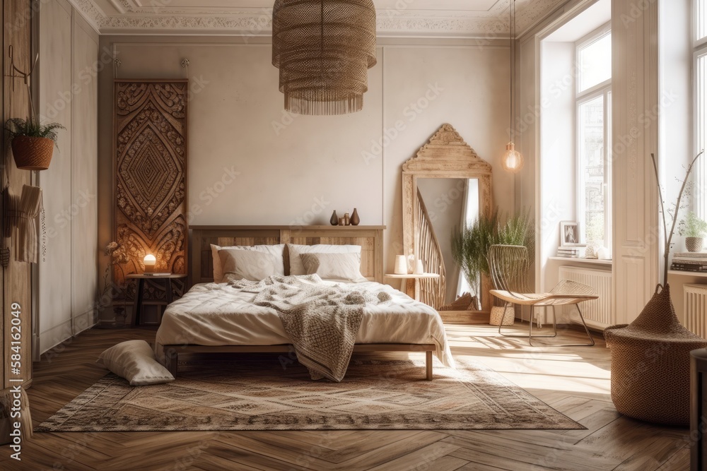 Moscow, Russia—December 2021—Bright bedroom. Boho decor. Generative AI