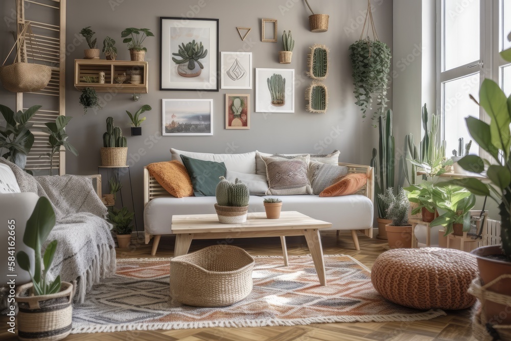 Bohemian living room with planted ficus and cactus in wicker baskets, soft grey plaid, and colorful 