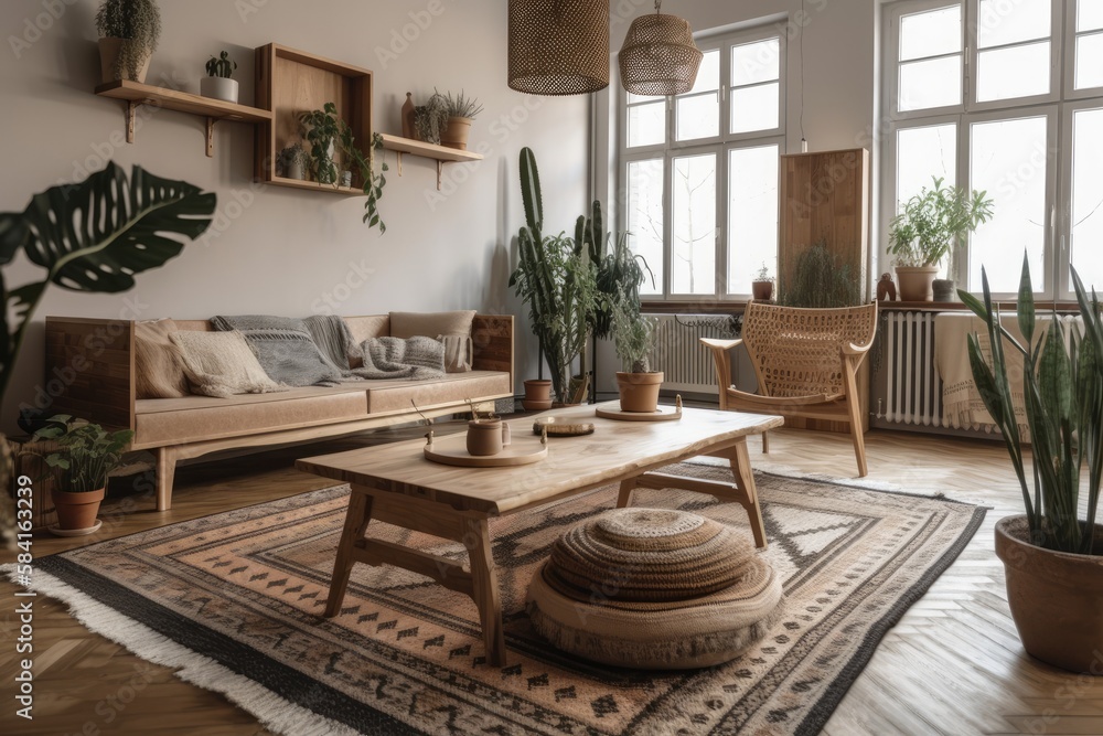 Wooden furnishings in a large apartment. Design idea. Generative AI