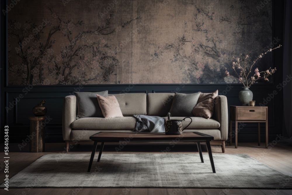 Beautiful dark and beige living room with wallpaper, carpet, and fabric couch. Classic Japanese inte