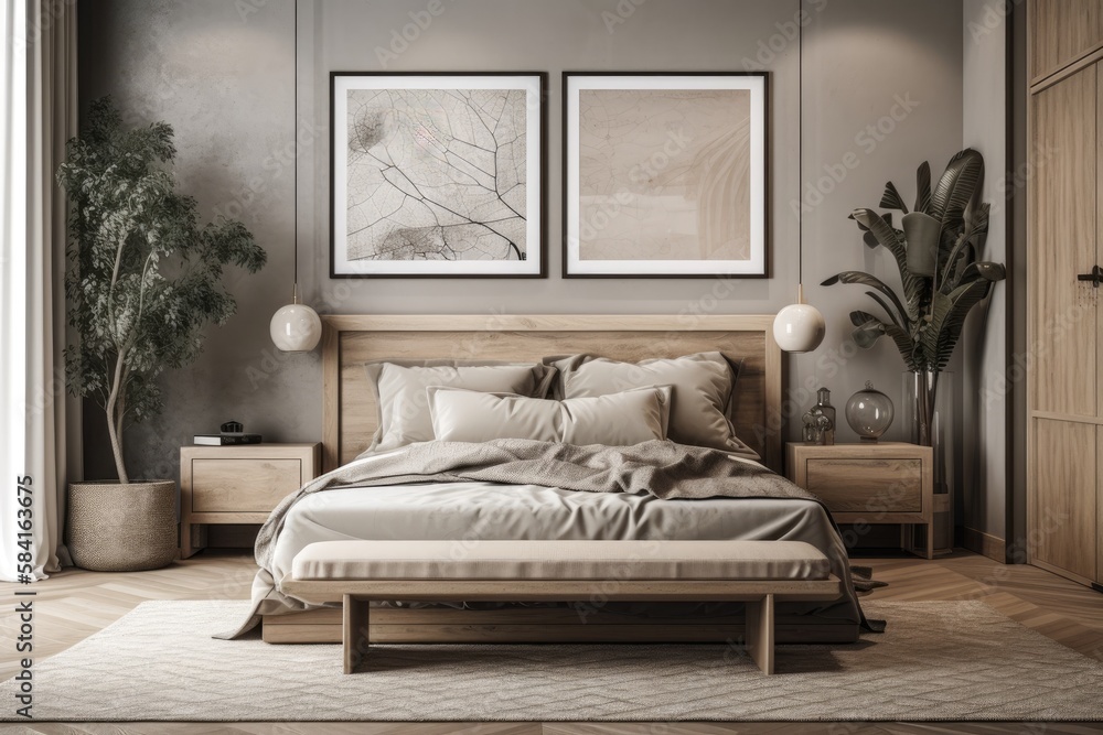 Gray beige farmhouse bedroom with frame mockup. Wallpaper and wood furniture. Boho decor,. Generativ