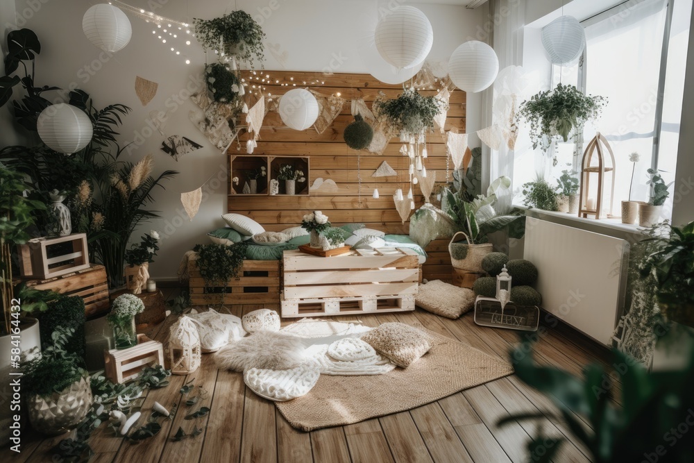 white and green 1st birthday decorations. studio picture session with plants, wood, boho decorating 