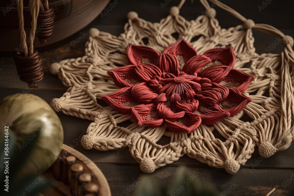 red beige Lotus shaped macramé wall hanging. Hand knotted macrame. Cotton rope wood and glass. Gener