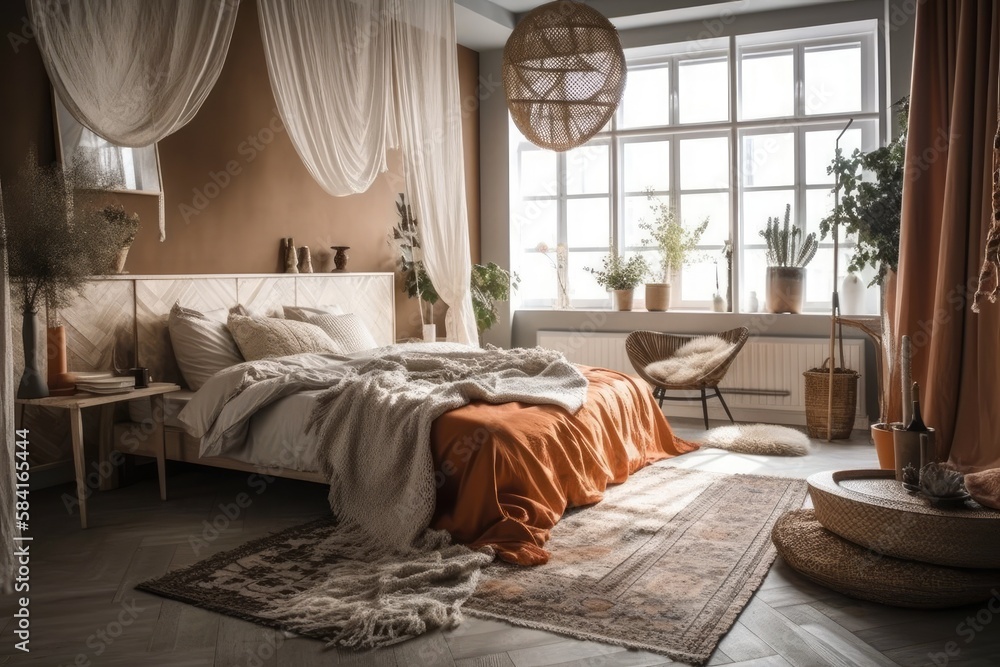 Contemporary house decor. Orange pillows, blanket, canopy bed. Scandinavian bedroom. Boho chic apart