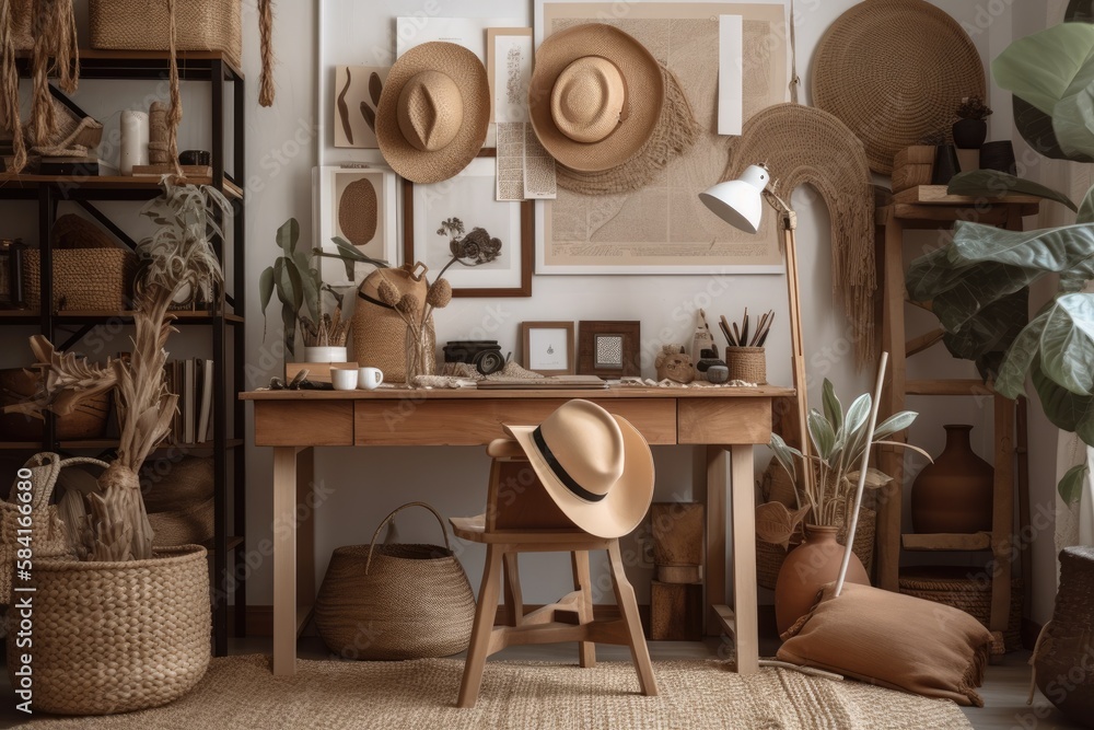 Bohemian home office with wooden desk, rattan armchair, brown mock up poster frame, hat, office supp