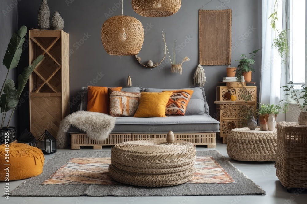 Ethnic living space with grey couch, multicolored wicker, straw lamp, seat, and attractive personal 