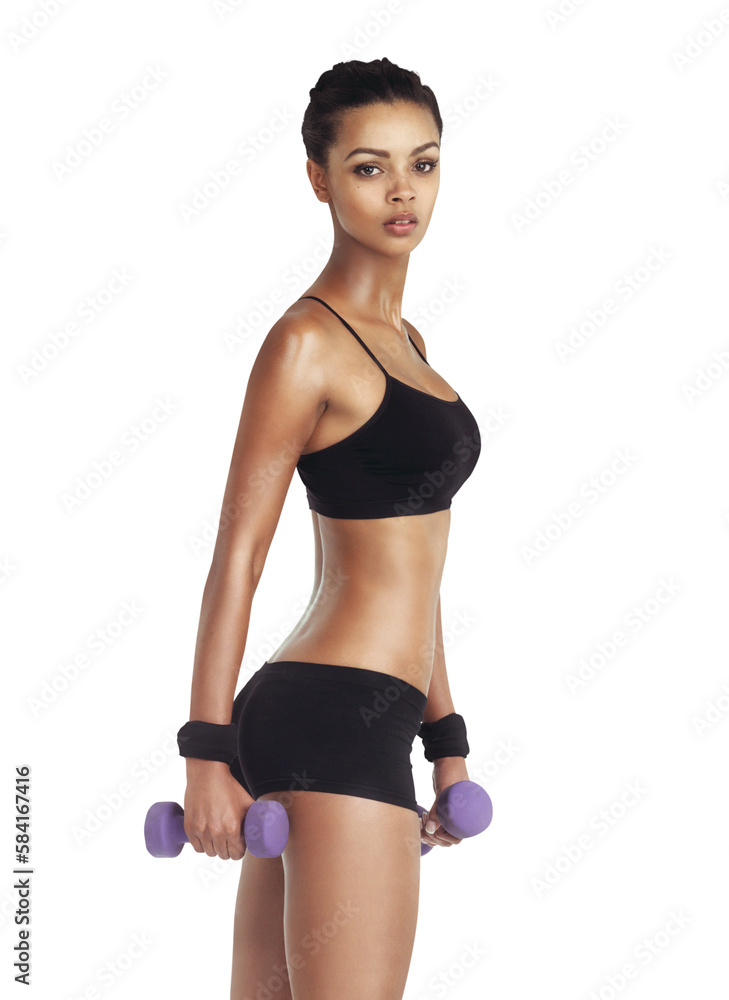 Fitness, weight and portrait of a woman training for healthy lifestyle and exercise on an isolated a