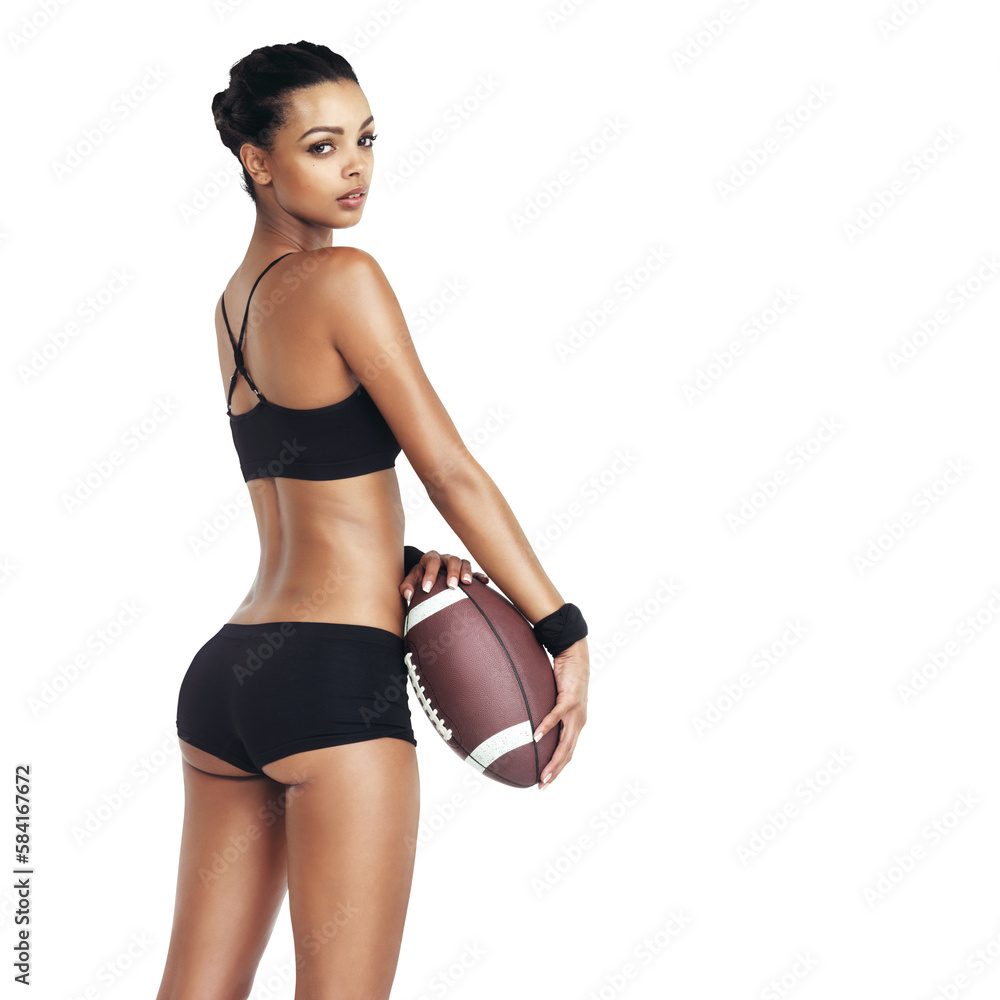 Sports, back and woman body with football for exercise fitness, competition game or challenge. Healt