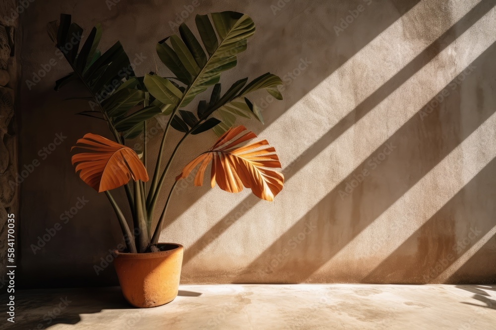 Plant shadowed concrete wall. Summer tropical architecture. Merchandise placement on rustic cement s