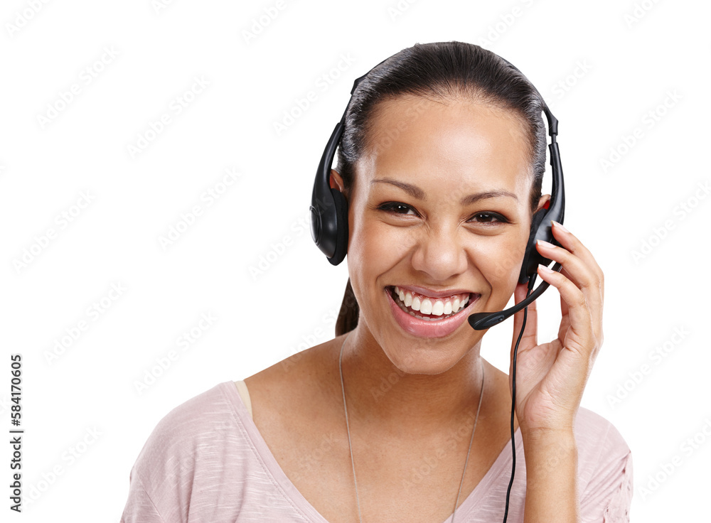 Woman, portrait and call center agent with headset for CRM and customer service on an isolated and t