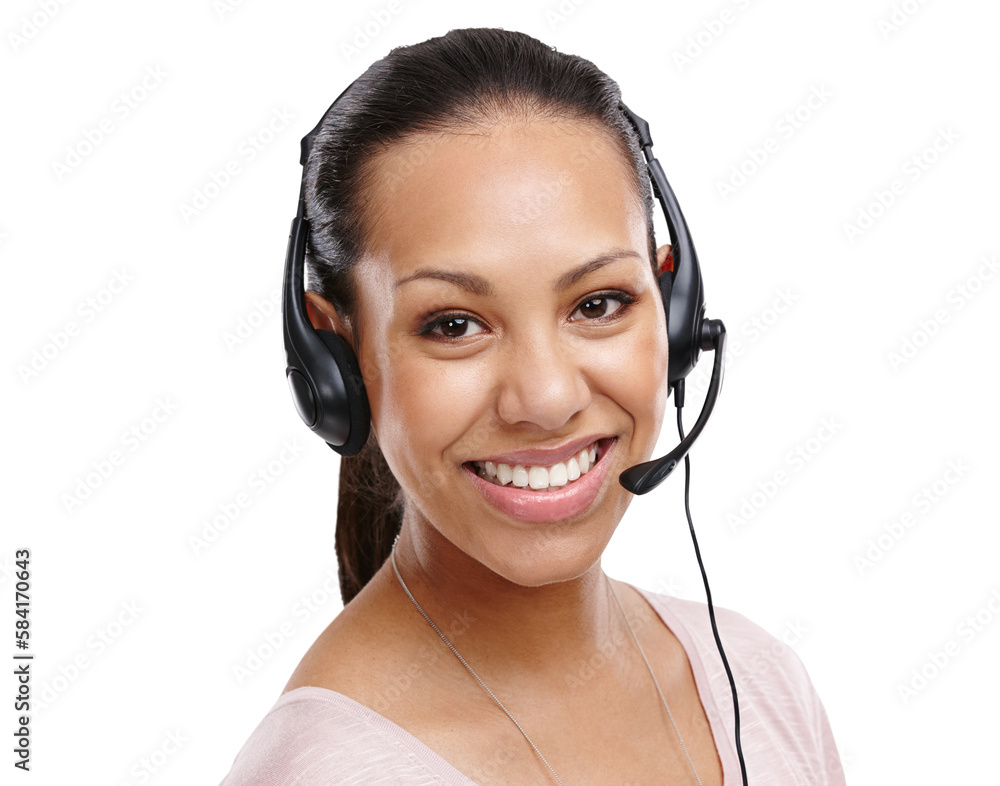 Woman, portrait and call center consultant with headset for CRM and customer service on an isolated 