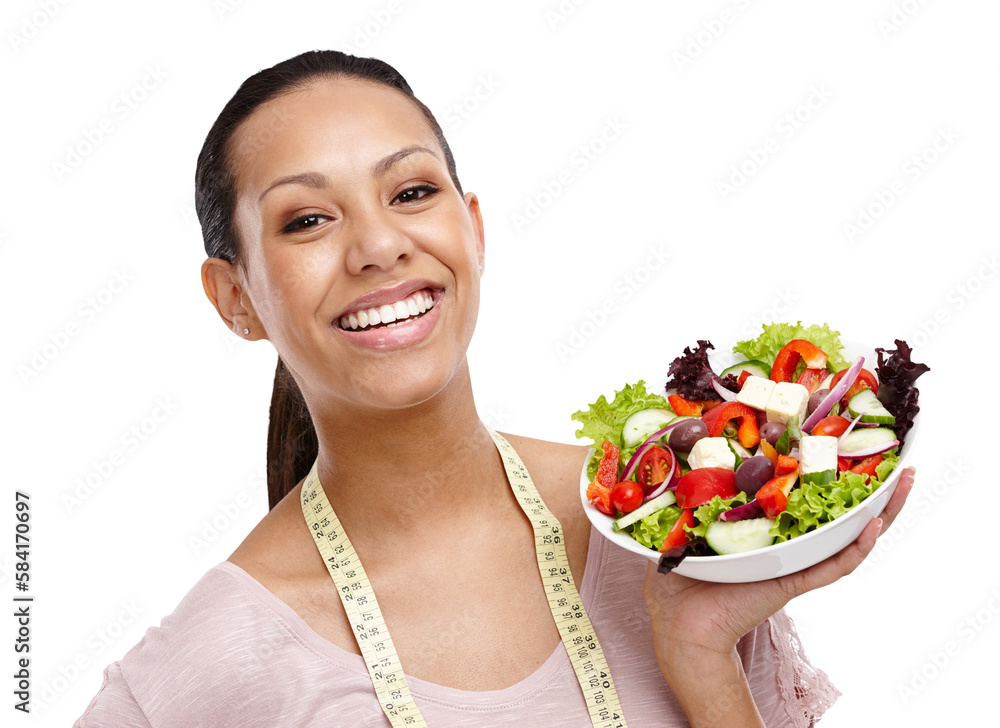 Lose weight, measuring tape and portrait of girl with salad for health, wellness and diet nutrition 