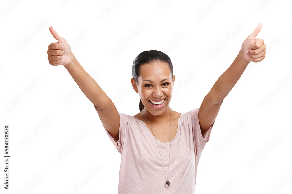 Portrait, thumbs up and motivation with a woman on an isolated and transparent png background. Emoji