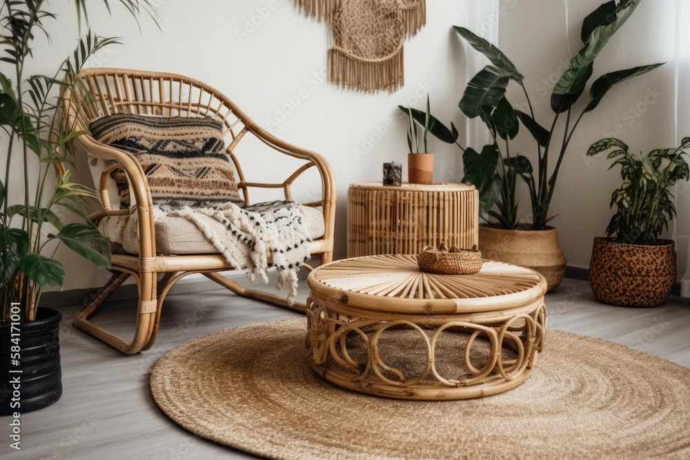 Vertical shot of cozy recliner with cushions near bamboo coffee table, against macrame on white wall