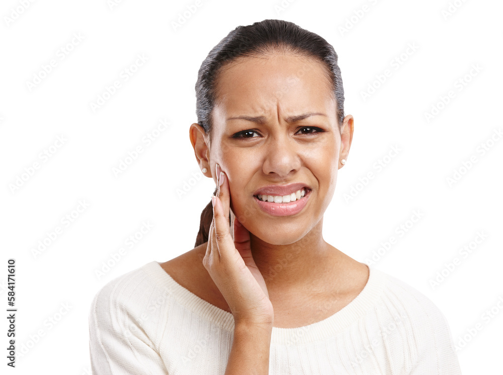 Woman, face and toothache pain for dental care, mouth injury or medical wellness on an isolated and 