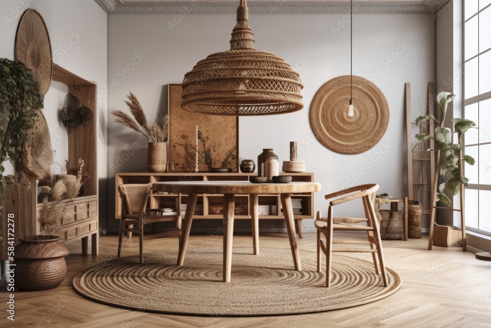 Boho chic dining area with circular wooden table, design chair, brown couch, commode, mock up poster