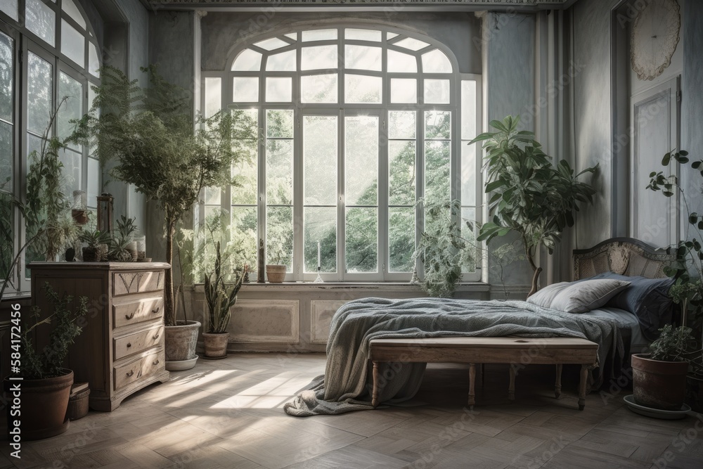 Bohemian bedroom with king sized bed, huge windows, grey antique furniture, flora, and a Greek statu