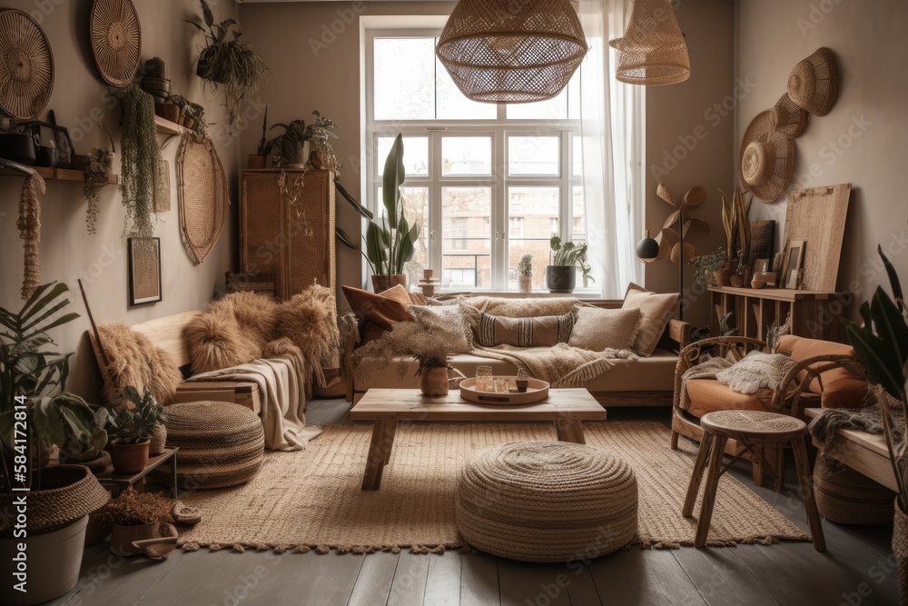 Boho living room with beige couch, coffee table, stool, wicker baskets, and accessories. Brown and w