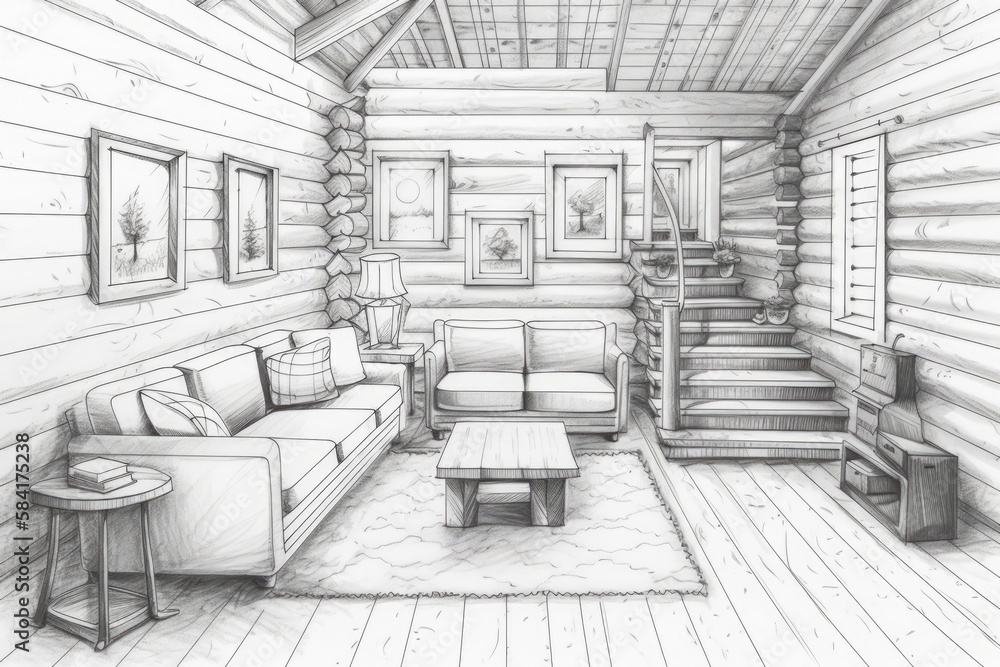 Complete white project sketch, log cabin living room, front perspective. Frame mockup, fabric sofa w