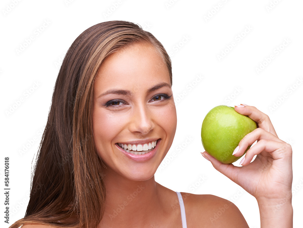 Wellness, apple and portrait of woman on an isolated and transparent png background for healthy life