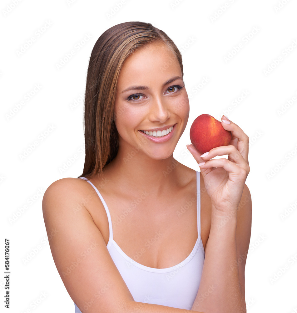 Red apple and woman with teeth health for natural, wellness and dental advertising. Beauty, model po