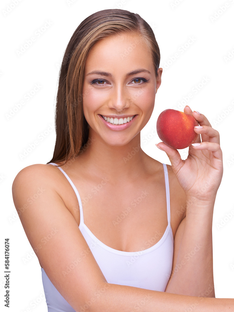 Beauty woman with red apple and teeth for natural health, wellness and dental. Model portrait and ha